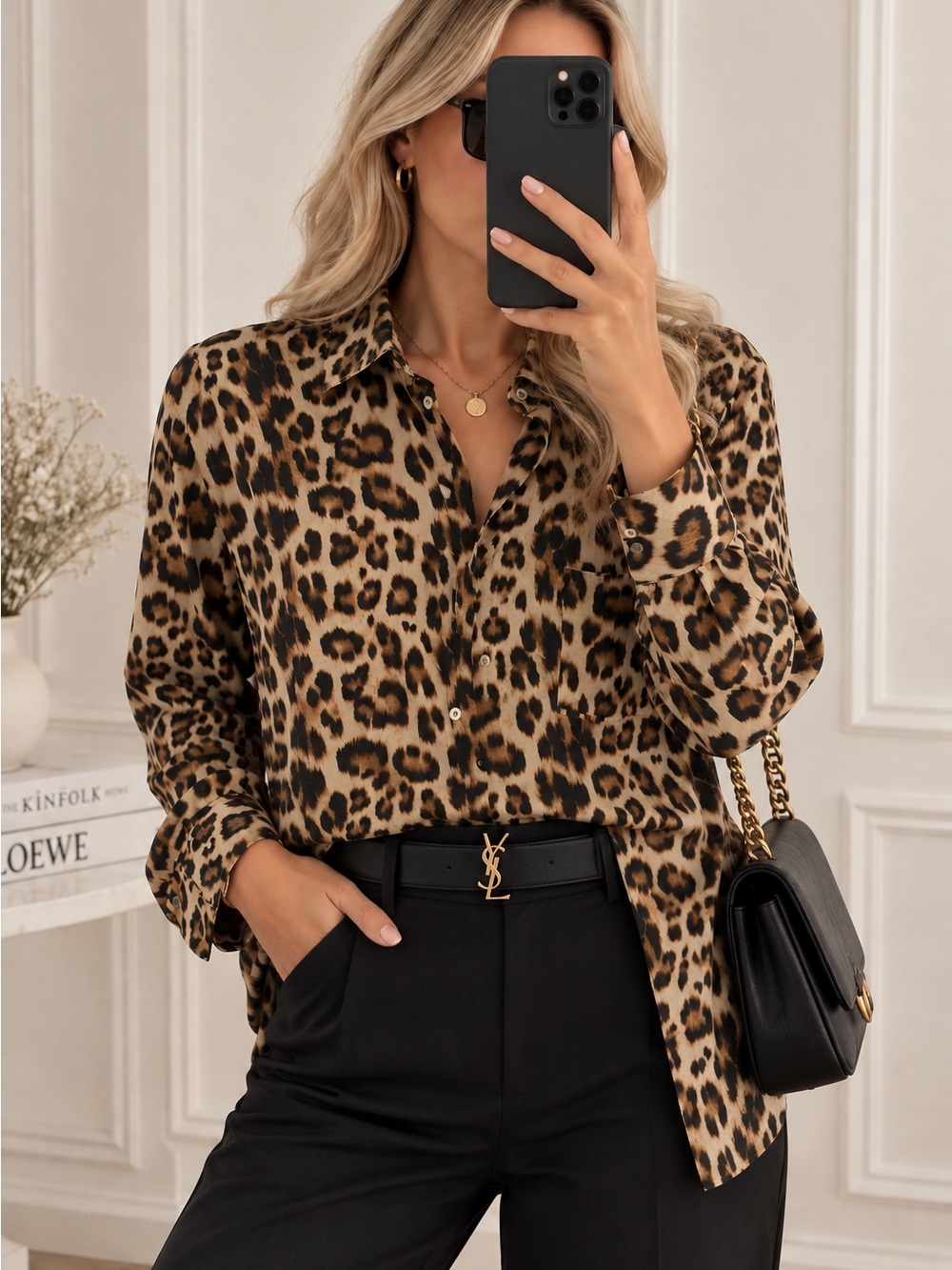 Zara Leopard Print Button-Down Blouse - Brown & Black OVERSIZED